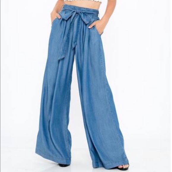 Denim Wide Leg Pants with Tie - Picture 4 of 4
